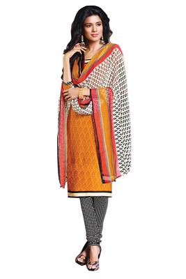 Yellow embroidered faux crepe unstitched salwar with dupatta 1