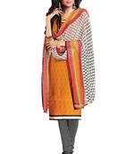 Yellow embroidered faux crepe unstitched salwar with dupatta