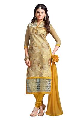 Beige embroidered cotton poly unstitched salwar with dupatta 1