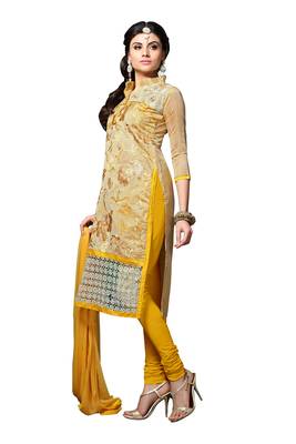 Beige embroidered cotton poly unstitched salwar with dupatta 2
