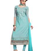 Blue embroidered cotton poly unstitched salwar with dupatta