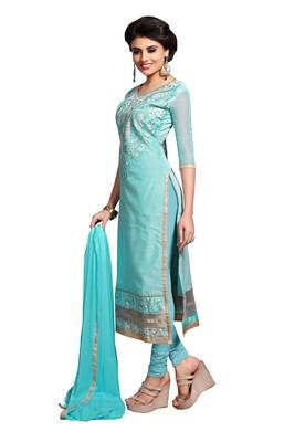 Blue embroidered cotton poly unstitched salwar with dupatta 2