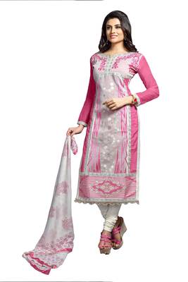 Pink embroidered cotton poly unstitched salwar with dupatta 1