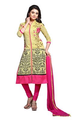 Yellow embroidered cotton poly unstitched salwar with dupatta 1