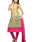 Yellow embroidered cotton poly unstitched salwar with dupatta