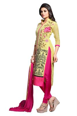 Yellow embroidered cotton poly unstitched salwar with dupatta 2
