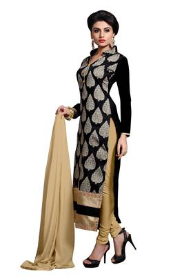 Black embroidered cotton poly unstitched salwar with dupatta 2