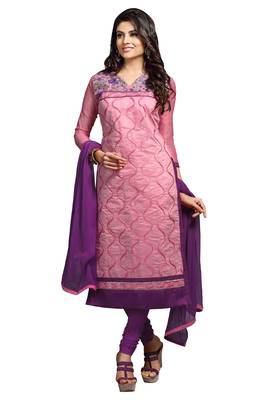 Pink embroidered cotton poly unstitched salwar with dupatta 1