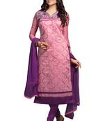 Pink embroidered cotton poly unstitched salwar with dupatta