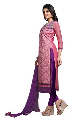 Pink embroidered cotton poly unstitched salwar with dupatta 2