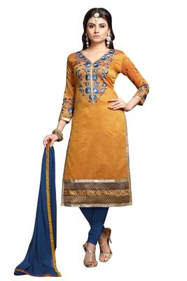 Yellow embroidered cotton poly unstitched salwar with dupatta 1