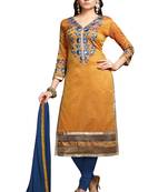 Yellow embroidered cotton poly unstitched salwar with dupatta