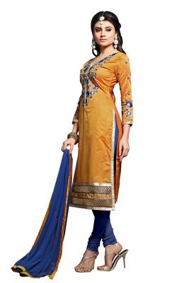 Yellow embroidered cotton poly unstitched salwar with dupatta 2