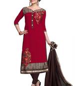 Red embroidered cotton poly unstitched salwar with dupatta