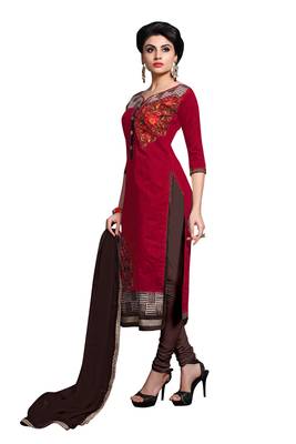 Red embroidered cotton poly unstitched salwar with dupatta 2