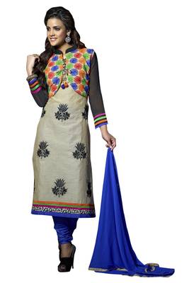Beige embroidered cotton poly unstitched salwar with dupatta 1
