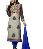 Beige embroidered cotton poly unstitched salwar with dupatta