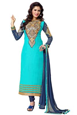 Blue embroidered cotton poly unstitched salwar with dupatta 1