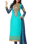Blue embroidered cotton poly unstitched salwar with dupatta