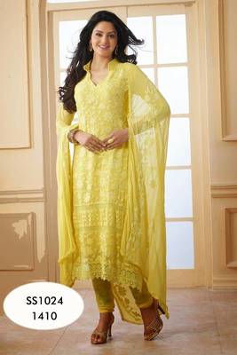 Charming Yellow Long  Karachi Work Chiffon Salwar Kameez 1