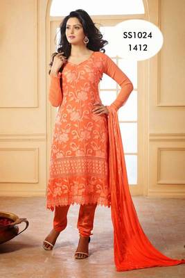 Beautiful Orange Chiffon Karachi Work Churidar Suit 1