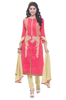 Pink embroidered cotton poly unstitched salwar with dupatta 1