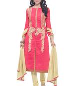 Pink embroidered cotton poly unstitched salwar with dupatta