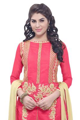 Pink embroidered cotton poly unstitched salwar with dupatta 2