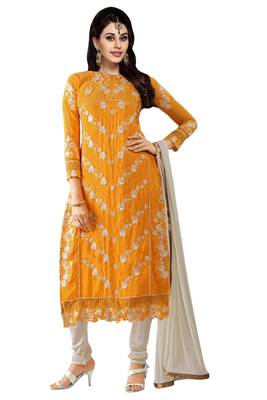 Yellow embroidered faux georgette unstitched salwar with dupatta 1