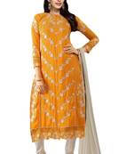 Yellow embroidered faux georgette unstitched salwar with dupatta