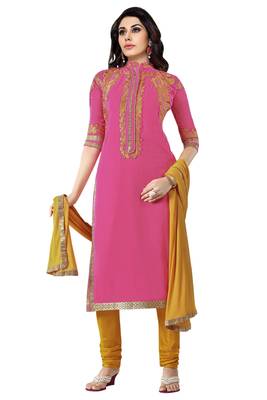 Pink embroidered faux georgette unstitched salwar with dupatta 1