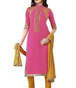 Pink embroidered faux georgette unstitched salwar with dupatta