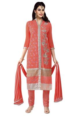 Red embroidered faux georgette unstitched salwar with dupatta 1