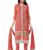 Red embroidered faux georgette unstitched salwar with dupatta