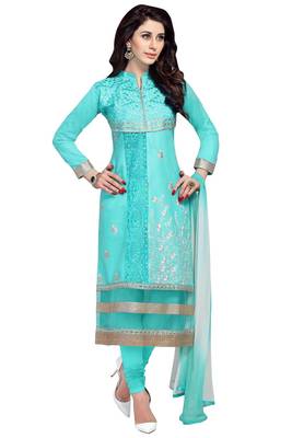Blue embroidered cotton poly unstitched salwar with dupatta 1