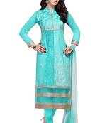 Blue embroidered cotton poly unstitched salwar with dupatta