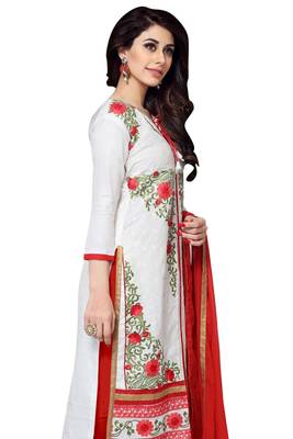 White embroidered cotton poly unstitched salwar with dupatta 2