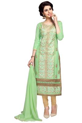 Green embroidered cotton poly unstitched salwar with dupatta 1