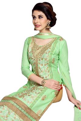 Green embroidered cotton poly unstitched salwar with dupatta 2