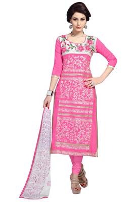 Pink embroidered cotton poly unstitched salwar with dupatta 1
