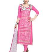 Pink embroidered cotton poly unstitched salwar with dupatta