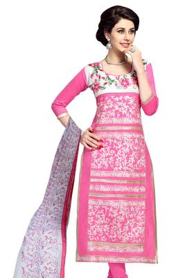 Pink embroidered cotton poly unstitched salwar with dupatta 2