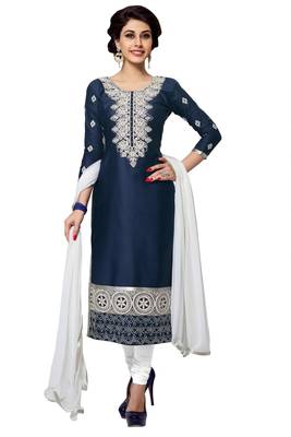 Blue embroidered cotton poly unstitched salwar with dupatta 1