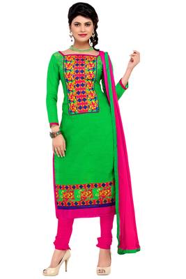 Green embroidered cotton poly unstitched salwar with dupatta 1