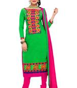 Green embroidered cotton poly unstitched salwar with dupatta