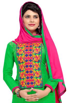 Green embroidered cotton poly unstitched salwar with dupatta 2