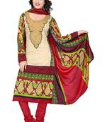 Multicolor embroidered faux crepe unstitched salwar with dupatta