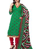 Green embroidered faux jacquard unstitched salwar with dupatta