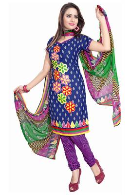 Blue embroidered faux crepe unstitched salwar with dupatta 1