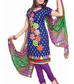 Blue embroidered faux crepe unstitched salwar with dupatta